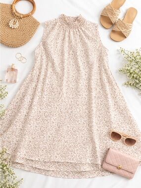 Boho Cottagecore Floral Blouse Sleeveless High Neck Smocked Flowy Top